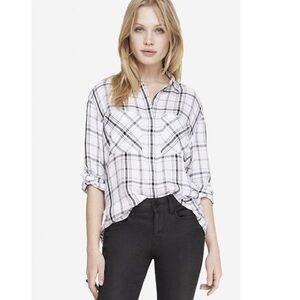 Express White and Black Plaid Button-Down Shirt